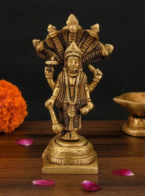 Shreeyaash Brass Lord Bhagwan Vishnu Standing Blessing On Sheshnaag