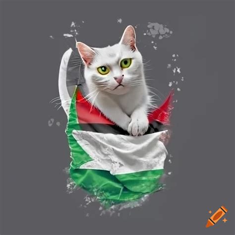 White Cat Wearing A Palestinian Flag Shirt On Craiyon