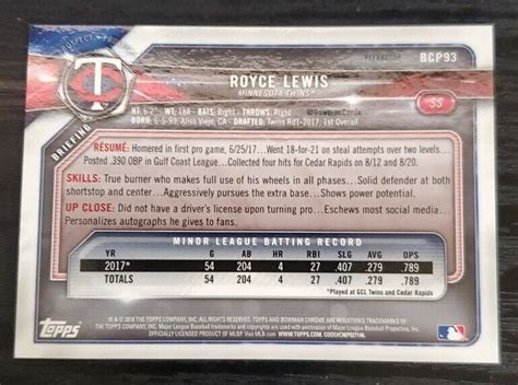 2018 Bowman Chrome Prospects Refractor BCP93 Royce Lewis 499 EBay