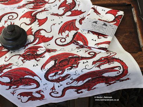 Dragon Tea Towels Organic Cotton Welsh Dragons Teeth And Claws