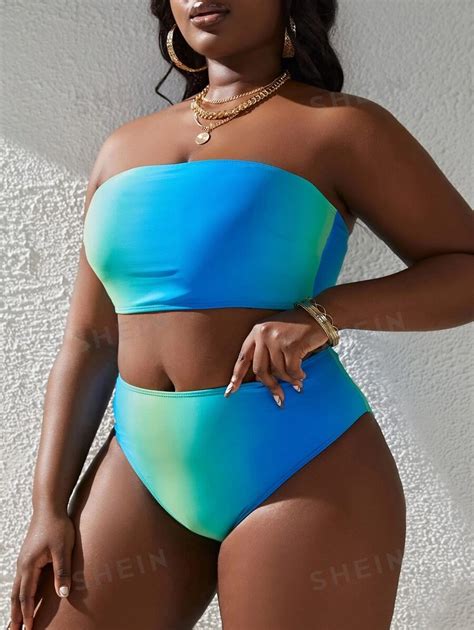 Shein Swim Vcay Set Bikini De Ombr Top Sujetador Sin Aro Bandeau Con