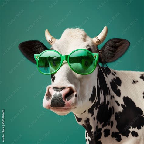 A Cow Wearing Green Sunglasses And A Cow Nose With Horns On It S Head