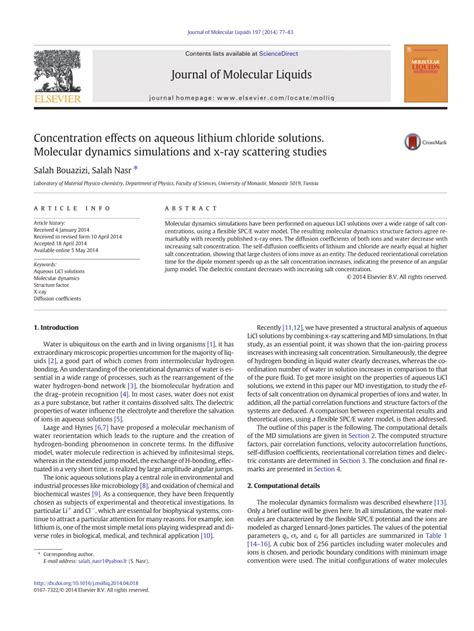 Pdf Concentration Effects On Aqueous Lithium Chloride Solutions Molecular Dynamics