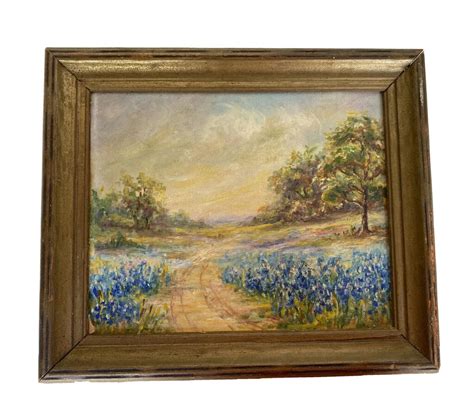 Antique Vintage Original Oil Painting Texas Bluebonnet Landscape