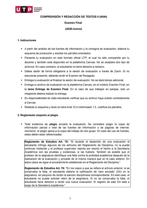 Comprensi N Y Redacci N De Textos Examen Final Formato Utp