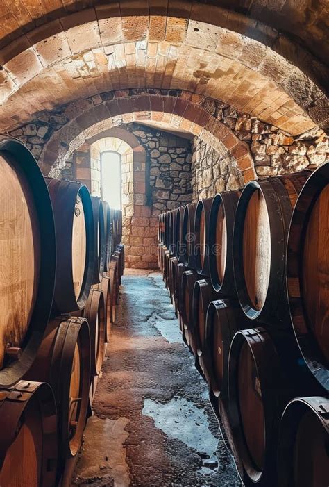 Wine Barrels Stacked In The Old Cellar Of The Winery Stock Photo