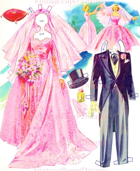 Vintage Paper Doll Printable Pdf Jpeg Pink Wedding 50s 1950s Paper Doll