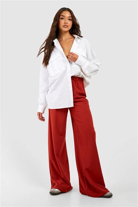 Drawcord Crepe Wide Leg Trousers Boohoo Uk