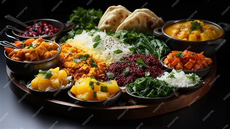 Premium AI Image | Indian ethnic food buffet on white concrete table from above curry samosa ...