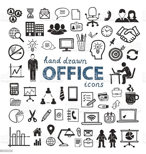 Ikon Office Digambar Dengan Tangan Elemen Orang Komputer Digital Dan