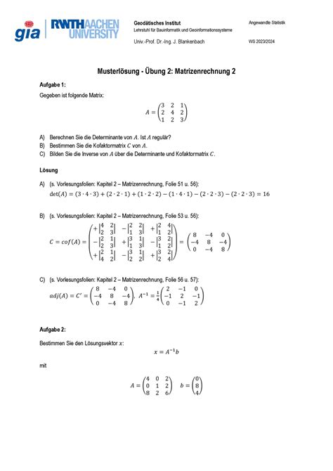 Übung 2 lösung sssssssss Geodätisches Institut Lehrstuhl für