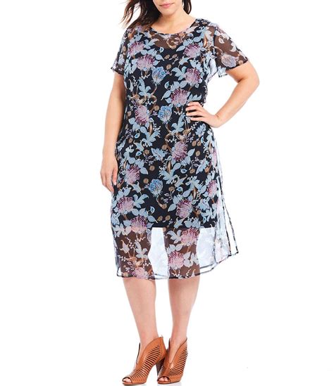 Vince Camuto Plus Size Floral Print Sheer Overlay Midi Dress In Blue Lyst