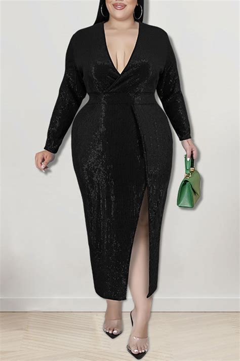 Wholesale Black Sexy Solid Sequins Patchwork Slit V Neck Plus Size