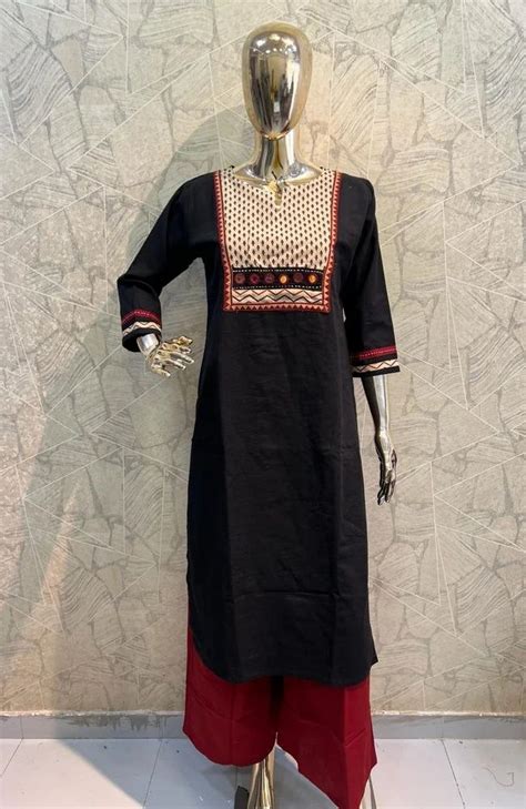 Black Straight Embroidered Cotton Kurti Palazzo Set Casual Wear At Rs