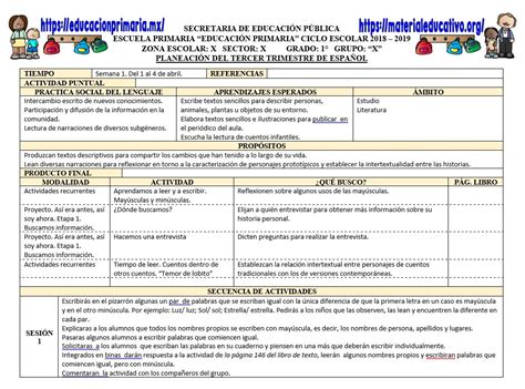 Planeación Del Primer Grado Para El Mes De Abril Del Tercer Trimestre Ciclo 2018 2019