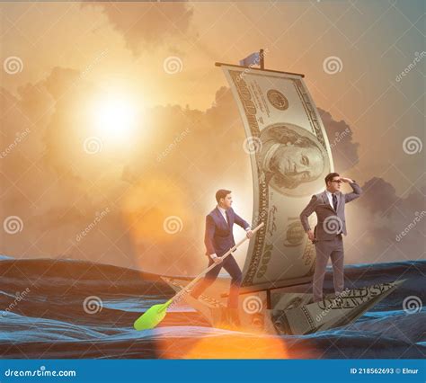 Business Partnership With Businessmen Sailing On Dollar Boat Stock