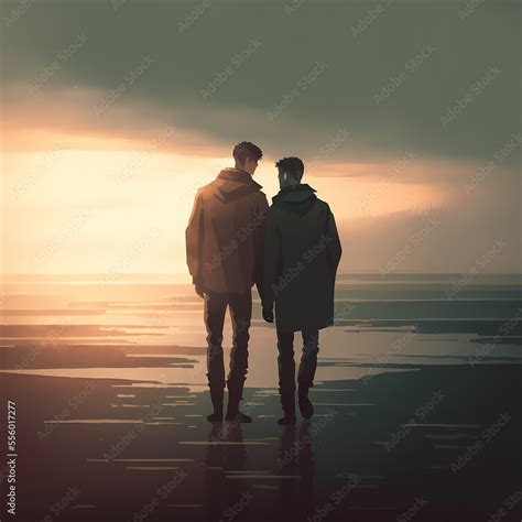 Digital Illustration Of A Gay Male Couple Holding Hands On The Beach During A Sunset A Vibrant