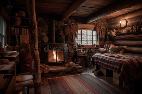 Cozy Cabin With Warm Fireplace And Cozy Furniture Perfect For A Winter