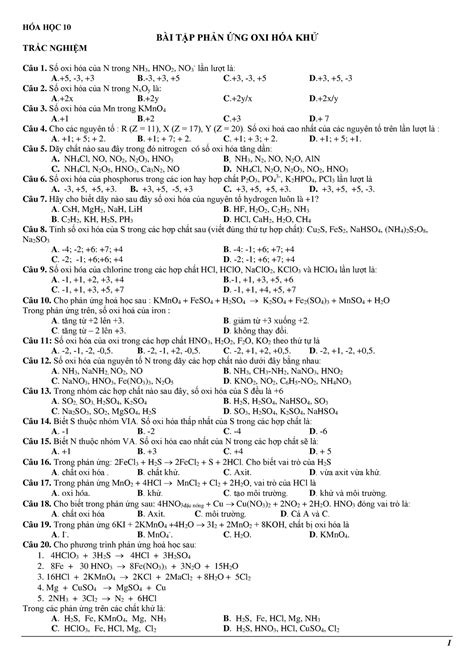BT OXI HOA KHU BÀI TẬP PHẢN ỨNG OXI HÓA KHỬ TRẮC NGHIỆM Câu 1 Số oxi