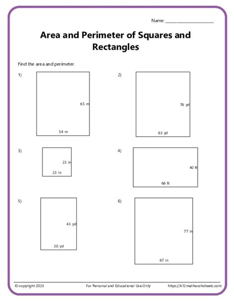 Area And Perimeter Of Rectangles And Squares K12 Math Worksheets