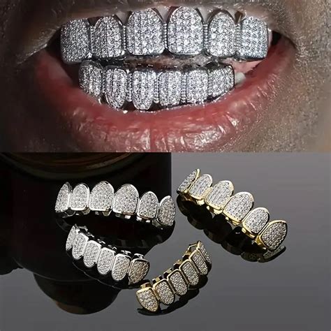 cz teeth grillz set  unisex top bottom mouth gold silver color teeth
