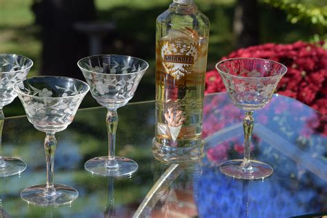 Vintage Etched Cocktail Martini Glasses Set Of S Vintage