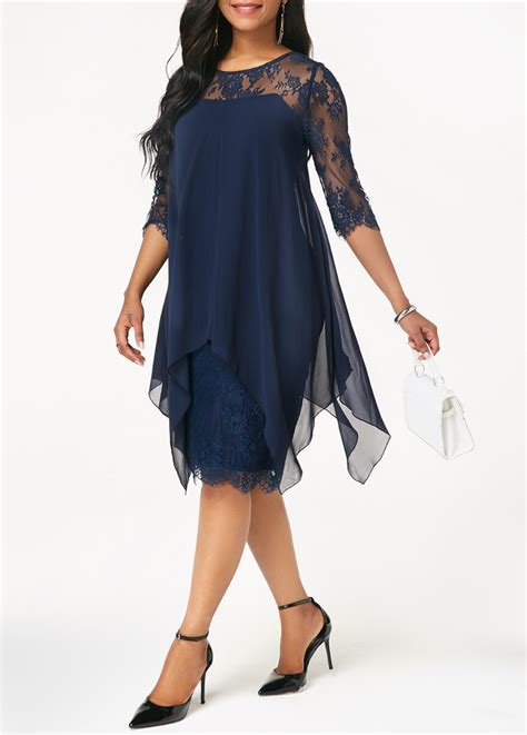 Three Quarter Sleeve Navy Chiffon Overlay Lace Dress In 2020 Green