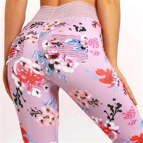 Floral Printed Sports Booty Leggings For Fitness Push Up Women High