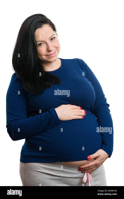 Happy Smiling Future Mother Holding Her Big Belly As Nine Months