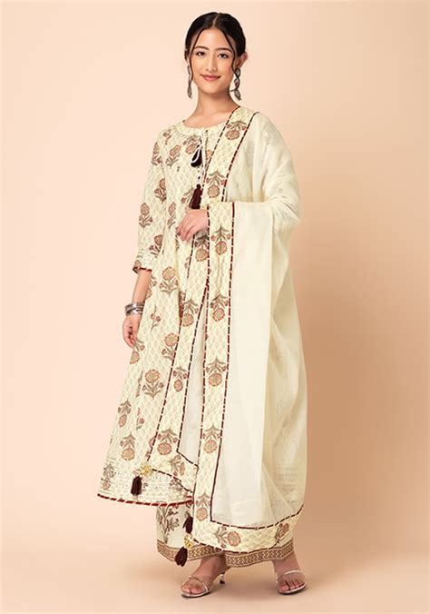 Buy Women Ivory Floral Print Cotton Anarkali Kurta With Pants And