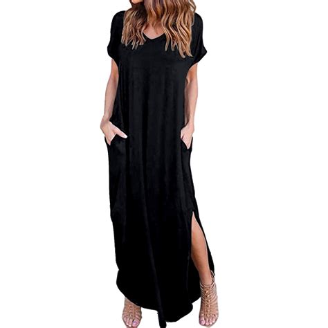 Hweei Women S V Neck Solid Color Fashion Casual Pocket Split Long Dress