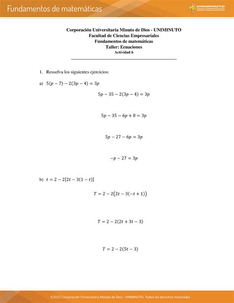 Taller Ecuaciones Corporaci N Universitaria Minuto De Dios