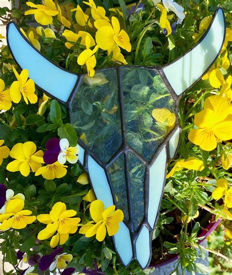 Aqua Stained Glass Steer Cattle Bull Cow Desert Skull Sun Catcher Window Hanging Decoration