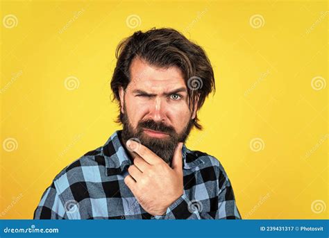 Photo Of Mature Brunet Man Shrug Shoulders Wear Peach Shirt Jeans