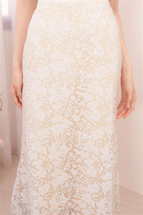 Ciara Floral Mesh Midi Skirt In White On Nude Mikayla