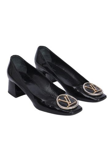 Louis Vuitton Black Patent Leather Madeleine Logo Block Heels