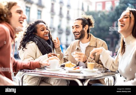 People Group Drinking Cappuccino At Coffee Bar Patio Friends Talking