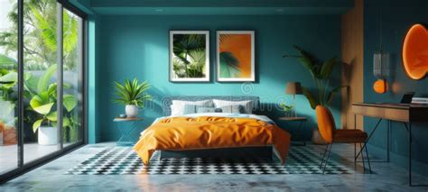 Oasis Of A Modern Bedroom A Bright Color Palette Stock Image Image