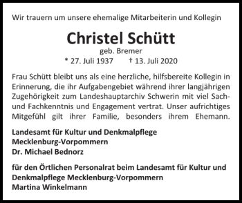 Traueranzeigen von Christel Schütt Trauer Nordkurier