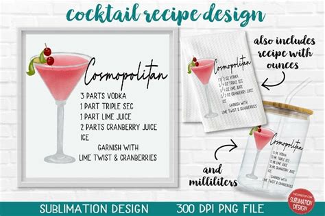 Cosmopolitan Cocktail Recipe Sublimation Kitchen Printable