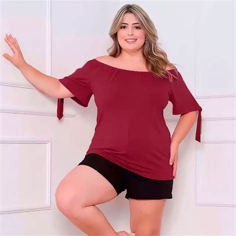 Blusa Plus Size Feminina Ciganinha Ombro A Ombro Amarração Feira