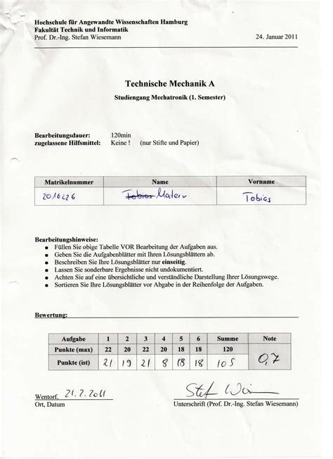 TMA Wi Se10 Wiesemann Klausur mit Lösung Technische Mechanik A mit