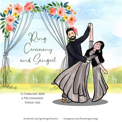 Ring ceremony and Sangeet doodle invitation | Wedding ceremony rings, Couple illustration ...