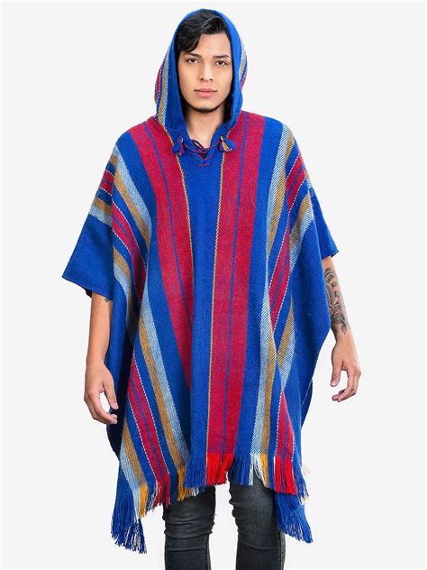 Inti Alpaca Hooded Poncho For Men In Royal Blue Alpaca Modern Long