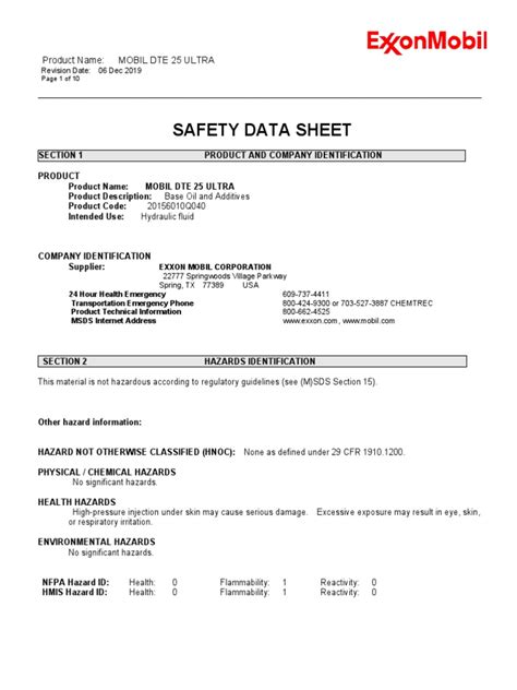 Mobil Oil Dte 25 Ultra Safety Data Sheet Sds Pdf Firefighting