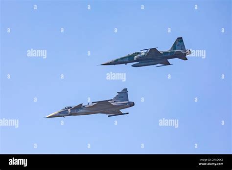 Two Brazilian Air Force Fighter Planes One F5 And One Gripen Stock
