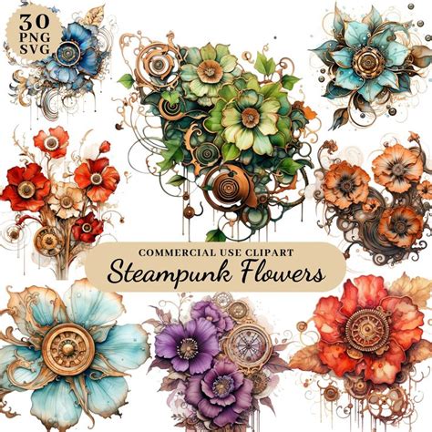 Watercolor Steampunk Flowers Clipart Bundle Steampunk Fantasy Clipart