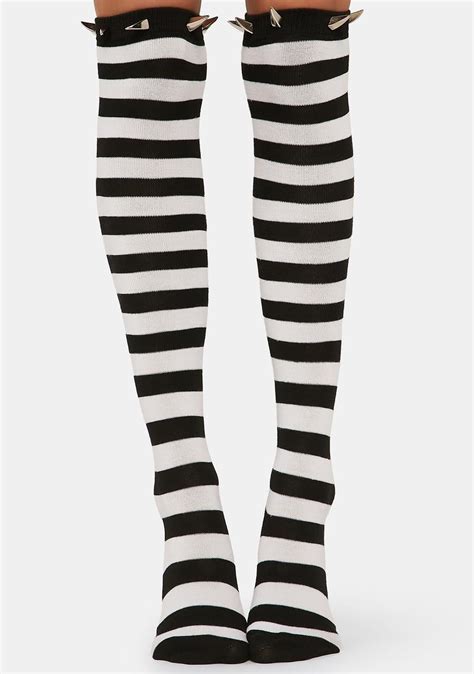 Striped Spiked Thigh High Socks White Dolls Kill