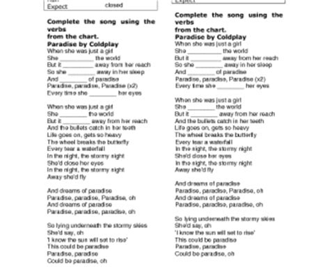 Song Worksheet Paradise By Coldplay Simple Past