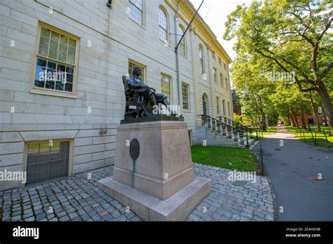 John Harvard statue in front of University Hall in Old Harvard Yard ...